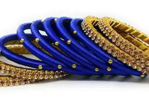 Generic Thread Trends Hand Made Plastic Gold Plated and Zircon Bangle Set for Women & Girls Set of 10 Bangles Blue-Gold (size-2/0)