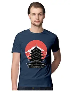 ALLEN BLACK Men's Regular Fit T-Shirt Japanese Pagoda Shrine 100% Cotton T-Shirt Navy Blue_PAGODJPN-Navy Blue 5XL Men Round_