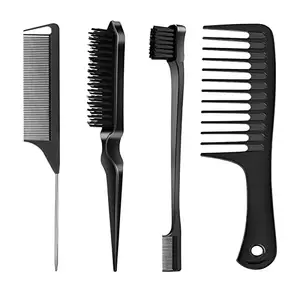 SWEET VIEW 4 Pcs Hair Styling Brush Set with 1 Pcs Edge Brush 1 Pcs Bristle Hair Brush 1 Pcs Rat Tail Comb 1 Pcs Wide Tooth Comb, Hair Comb Set for Slick Baby Hair and Flyaways - Black