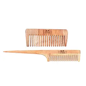 QS Collections Handmade Neem Wood Anti-Dandruff Comb - Wide (Pack of 2, Brown)