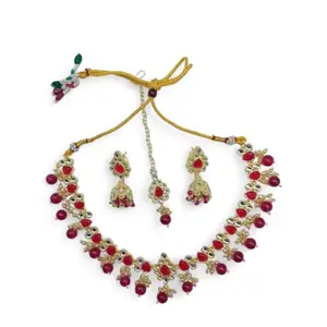 ACCESSHER Traditional Gold Plated Kundan and Red Ruby Stones Embellished Necklace with Jumka Earrings and Maang Tikaa for Women and Girls