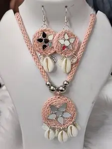 Handcrafted Crochet Cord Necklace with Shells, Beads, and Metallic Accents (Light peach)