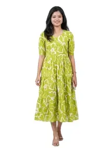 MUSANIYAA Women's Cotton Floral Leaf Print Tiered Midi Dress – Square Neck, Short Sleeve A-Line Smock Dress for Casual Summer & Vacation Wear