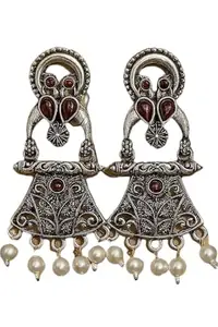 Peru Jewel Oxidised Silver Pearl Drop Earrings, Vintage Style, Red Stone Embellished