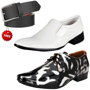Fashionable Formal Shoes/Party Shoes/ 2 Shoes Combo with Free Belt for Men and Boys (BAZAAR9583_VTR01-Blk-Slvr-2004-Wht) Multicolor