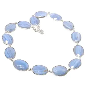 Natural Blue Lace Agate Gemstone Necklace Sterling Silver Jewelry For Unisex
