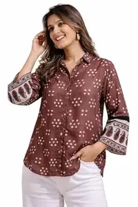 Women's Printed Shirt, Long Sleeve, Embroidered Cuffs, Collared Neck, Casual Ethnic Wear (in, Alpha, M, Regular, Red-Ajrakh)