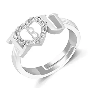 MEENAZ B Rings for Women Girls Couple girlfriend Wife lovers Valentine Gift CZ AD American diamond Adjustable Silver I Love You Heart Initial Letter Name Alphabet B finger Ring Stylish platinum-801