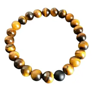 RRJEWELZ Natural Black Onyx & Tigers Eye 8mm Round Shape Smooth Cut Beads 6.5 Inch Stretchable Bracelet For Men & Women. Unisex Bracelet For Healing, Meditation, Prosperity, Gift & Luck|STBR_RR_10230_6.5