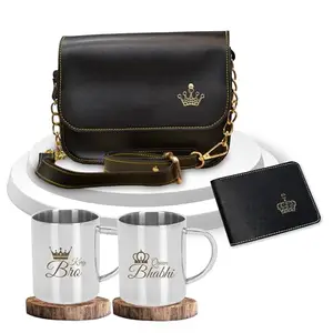SAVRI Personalized Rakshabandhan Gift Combo – Men's Wallet & Sling Bag with Charm + King Bro & Queen Bhabhi Engraved Steel Mug Set | Best Gift for Bhaiya & Bhabhi on Rakhi, & Special Occasions