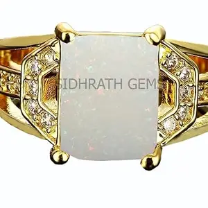 Jemskart 8.00 Carat 9.00 Ratti Lab Certificate Natural White Opal Gemstone Gold Plated Adjustable Ring for Men and Women