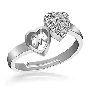 MEENAZ M Rings for Women Girls Couple girlfriend Wife lovers Valentine Gift CZ AD American diamond Adjustable Silver gold Love Heart Initial Letter Name Alphabet M finger Ring Stylish platinum-81