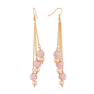 ACCESSHER Three Line Chain With Pink Shamballa Ball And Pearl Dangle Drop Earrings