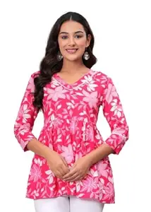 Women Pink Stylish Peplum Top | Floral Print Cotton Blend V-Neck Casual Western Top