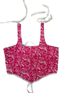 Cotton Jaipuri Printed Cotton Reversible Corset Top for Women, Floral Print Crop Top with Shoulder Ties, Yellow and Pink Pattern, Cotton (S)