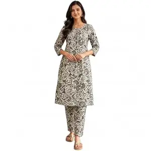 Thisha Women Floral Printed Kurta Pant Set | Cotton Blend Kurta Co-Ord Set | Round Neck 3/4 Sleeve Straight Kurti with Pants