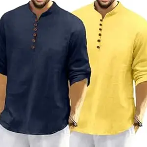 FINIVO FASHION Combo of Men’s Casual Full Sleeve Kurta Style Shirt with Button Placket, Lightweight Breathable Fabric, Regular Fit Ethnic Fusion Wear for Daily & Festive Use Pack of 2