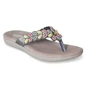 WORTON FASHION Women Grey Embellished Thong Sandals - Ethnic Floral Beaded Flat Slides with Cushioned Footbed| Casual Dailywear Soft & Comfortable Footwear For Women