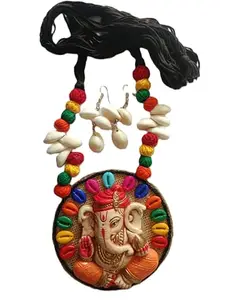 Trendy Designer Handmade & Hand-Painted Exclusive Terracotta Sri Ganesha Necklace Set For Women I A Statement Piece That Blends Bold Style With Contemporary Flair- Multicolor