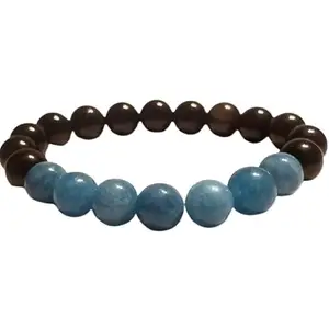 RRJEWELZ Natural Blue Chalcedony & Black Onyx 8mm Round Shape Smooth Cut Beads Stretchable Bracelet for Men & Women.|STBR_RR_02049_8.0