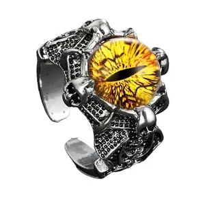 National Unisex Stainless Steel Adjustable/Openable Funky Yellow Crystal Glasses 3d Devil/Dragon Demons Evil Eye Thumb Finger Ring (Free Size)