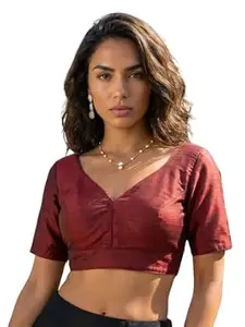 Aanyor Women’s Silk Solid Saree Blouse | Half Sleeve V-Neck | Deep Back with Tie-Up | Back Hook & Eye | Ethnic Wear for Festive, Wedding & Party