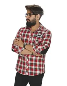 Grease Monkey Men's Checkered Shirt, Red White Black Plaid, Long Sleeve, Cross Patched Pocket, Corduroy Elbow Patch,100% Cotton