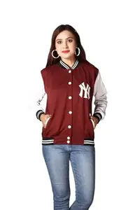 Ameeha Stylish Varsity Jacket for women (S, Maroon)
