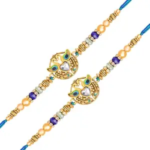 De Marquis 2 Designer Rakhi Sets | RG-01832 Pearl, Kundan, Mauli Thread Rakhee for Brother | Roli-Chawal | Best Wishes Greeting Card (Pack of 2 Rakhis)
