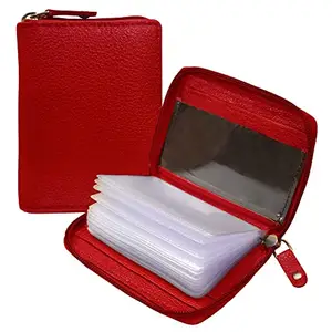 ABYS Genuine Leather Unisex Id Holder||Coin Purse|| Card Case||Card Holder||Credit Card Holder with Zip Closure (Red)