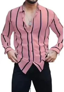 ARZ Fashion Men's Lycra Striped Pattern Casual Shirt, Long Sleeve Collared Shirt for Men (in, Alpha, M, Regular, Pink)