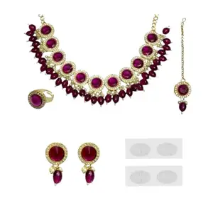 ACCESSHER Pink Stones Necklace Set with Earrings, Maang Tikka & Finger Ring with a Pair of Transparent Earring & Maangtikka Supporter Patch | For Women & Girls
