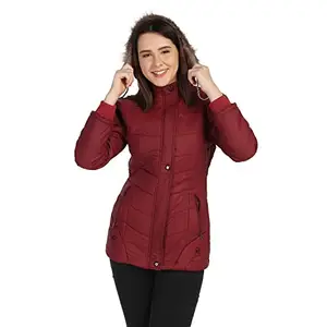 DIMPY GARMENTS Nylon Women Quilted Bomber Jacket with Fur Hoodie For Winter (Small, Maroon)