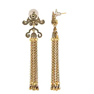 VOYLLA Fringes Chain Tassel Dangler Earrings For Women|Boho|Travel|Summer|Gold Oxidised|Gift for Women & Girls