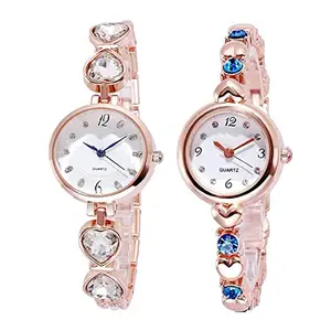 GOLDENIZE FASHION New Analogue Stylish White Diamond Dial Rose Gold Strap Ladies or Women & Girl's Watch with Bracelet or Bracelet Watch for Birthday Gift (Pack of 2)