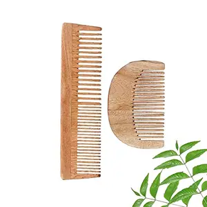 DAUMI Ayurvedic Neem Wood Anti Dandruff Hair Comb (pack of 2) Natural & Eco-Friendly | Natural Hair Styling Comb with Fine & Wide Teeth Comb | Made in India For Men & Women, Unisex For All