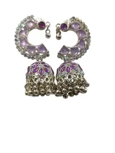 Traditional Jhumka Style Earrings, Silver-Toned with Pink and Blue Variants, Crystal Embellished (LAVENDER)