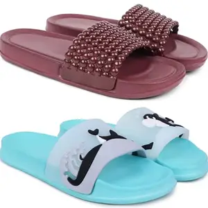 Pampy Angel Combo Pack of 2 Slipper/Flip Flops/Slides/Clogs/Sandals with Adjustable Back Strap for Women,(Moti-Maroon,Dolphin-Blue),38 (Euro)