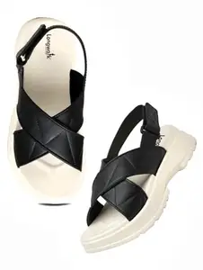 Longwalk Premium Women’s Sandals, Stylish Fashion Slipper with Cross Strap & Back Support, Casual & Everyday Wear Black