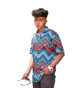 Traditional Pattern Cotton Shirt for Men – Short Sleeves | Festive Design No_Rayon_Sky_2XL