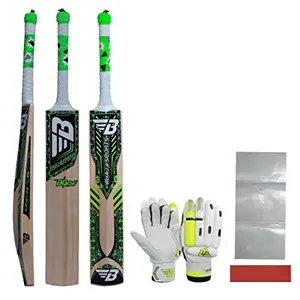 BHAJJI KASHMIRI WILLOW CRICKET BAT BLADE , BATTING GLOVES 909 MENS AND BAT CARE KIT INCLUDING FIBRE TAPE ALONG WITH TOE GUARD
