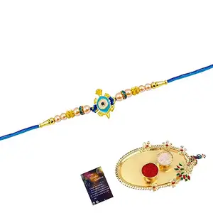 SILVER SHINE Rakhi for Brother Bhai Bhabhi with Roli Chawal and Best Wishes Greeting Card with Pooja Thali