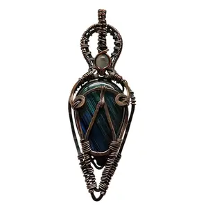 Handcrafted Wire Wrapped Pendant, Labradorite Stone with Moonstone, Copper Wire, Blue-Green Crystal