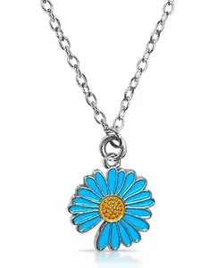 De-Autocare Blue Color Valentine's Day I Love You Romantic Flower Yellow Daisy Charm Resin Botanical Alloy Locket Pendant Necklace With Clavicle Chain For Girl's And Women's