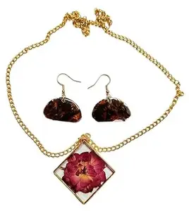 Set of Half Oval Shaped Earring & Square Pendant made with Rose Petals & Resin