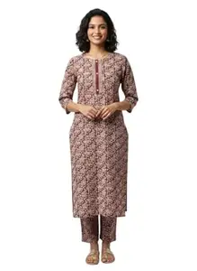 Women’s Ajrakh Print Kurta Pant Set – Traditional Block Print Ethnic Suit, Stylish Straight Kurti with Printed Pants, Casual & Festive Cotton Ethnic Outfit