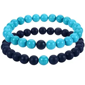 Lady Works Matte Black Agate & Turquoise Howlite 8mm Round Smooth beads Long Distance Couples Love Friendship Combo Bracelet Set - Couples Relationship 7 inch Stretchable Bracelets set|LW_BRCP_196_7