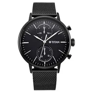 Titan Light Leathers Quartz Multifunction Black Dial Black Stainless Steel Strap Watch for Men - NR90135NM01