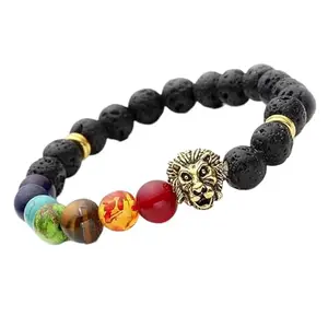 RRJEWELZ Natural 7 Chakra Stone & Black Lava 8mm Round Shape Smooth Cut Beads 7.5 Inch Stretchable Bracelet For Men & Women. Unisex Bracelet For Healing, Meditation, Prosperity & Luck|STBR_RR_09523_7.5