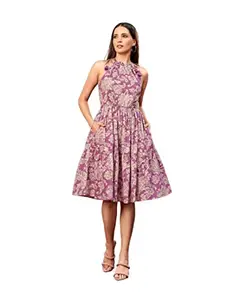 DRESOUL Women's Purple Cotton Printed Party Fit and Flare Dress (X-Large)